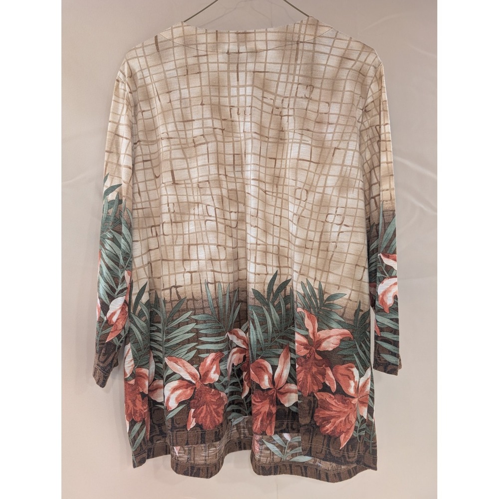ALFRED DUNNER Woman 1X Tropical Floral Top Beaded V-Neck Beige Brown Green Red - Picture 2 of 3